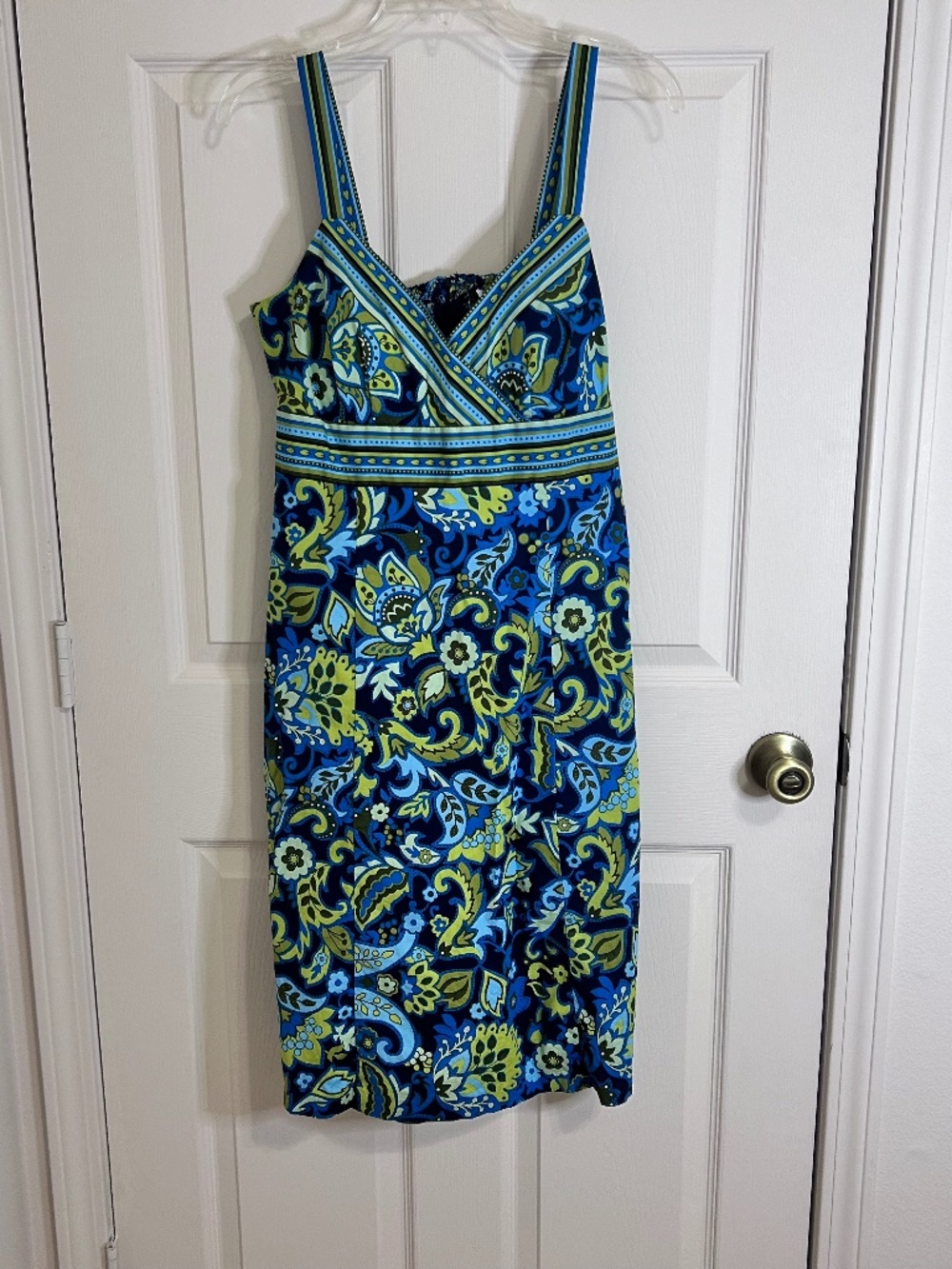 R&K Vibrant Blue and Lime Green Paisley Dress with Striped Detailing